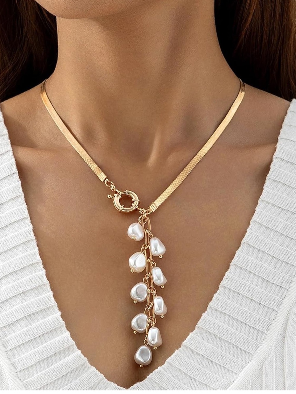 Gold Pearl Drop Lariat Necklace